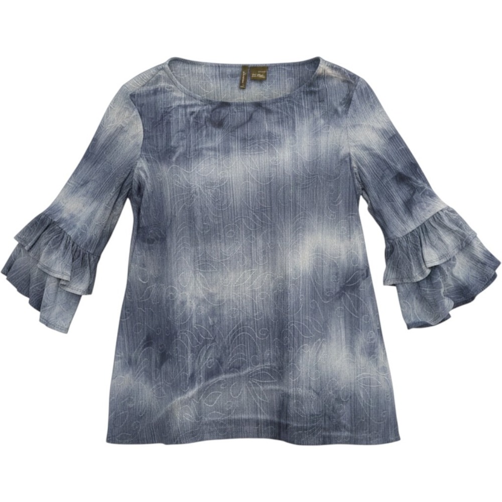 New Directions Curvy Navy Blue Tie Dye Ruffle Sleeve Blouse 1X NWT